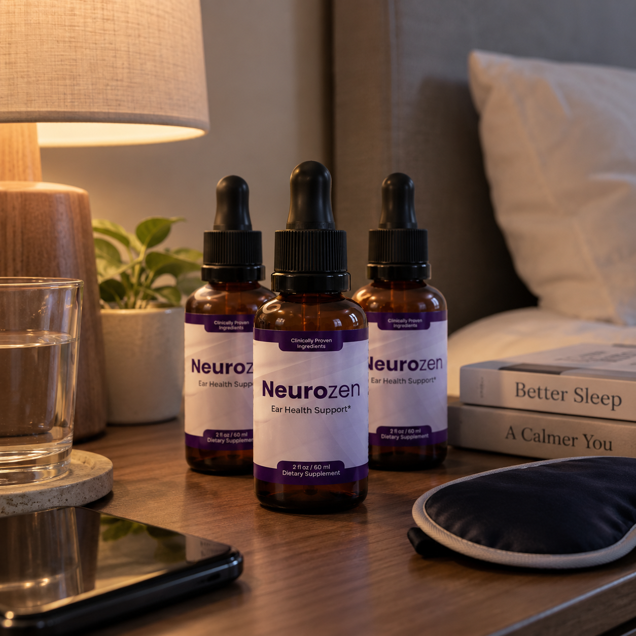 Three NeuroZen dropper bottles on a bedside table